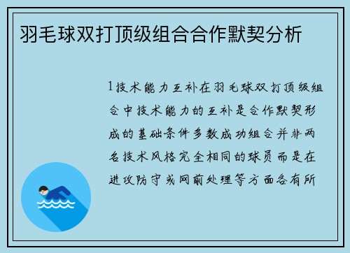 羽毛球双打顶级组合合作默契分析