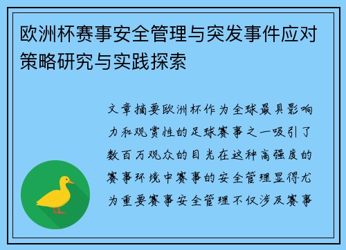 欧洲杯赛事安全管理与突发事件应对策略研究与实践探索